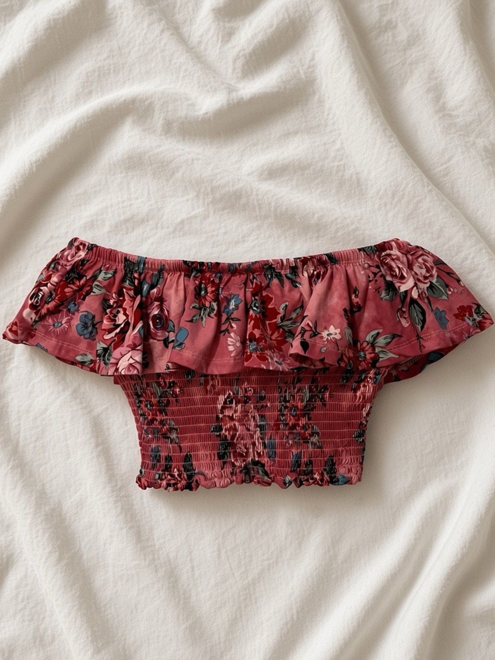 Hot Kiss Vintage Rose Floral Off-Shoulder Smocked Crop Top